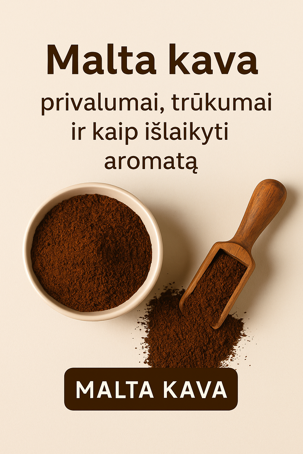 Dubenėlis su malta kava ir medinis samtelis ant šviesaus fono, šalia tekstas „Malta kava: privalumai, trūkumai ir kaip išlaikyti aromatą“ – NUVO kavos gidas.