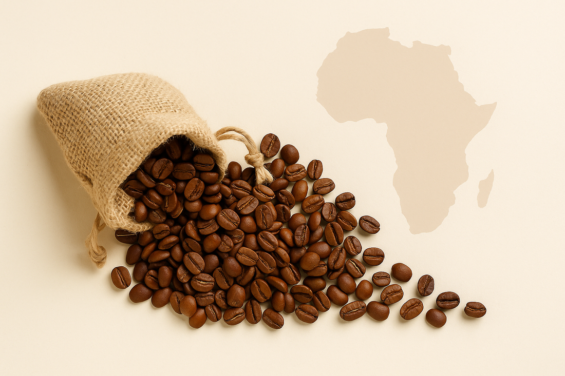 Drobės maišelis su Afrikos kavos pupelėmis, išbyrėjusiomis ant šviesaus fono, šalia subtilus Afrikos žemyno kontūras – NUVO Arabica iš Zimbabvės.