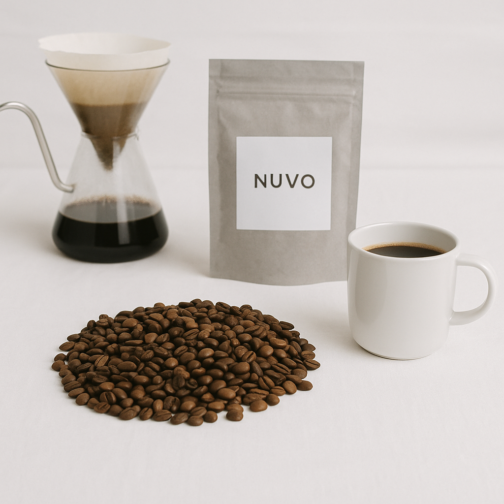 NUVO rūšinė kava – pour-over kavinukas, kavos pupelės, puodelis ir minimalistinė pakuotė