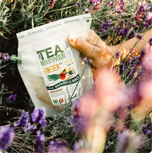 Ginger and lemon herbal tea by TEA BREWER – eco-friendly infusion pouch photographed in lavender garden