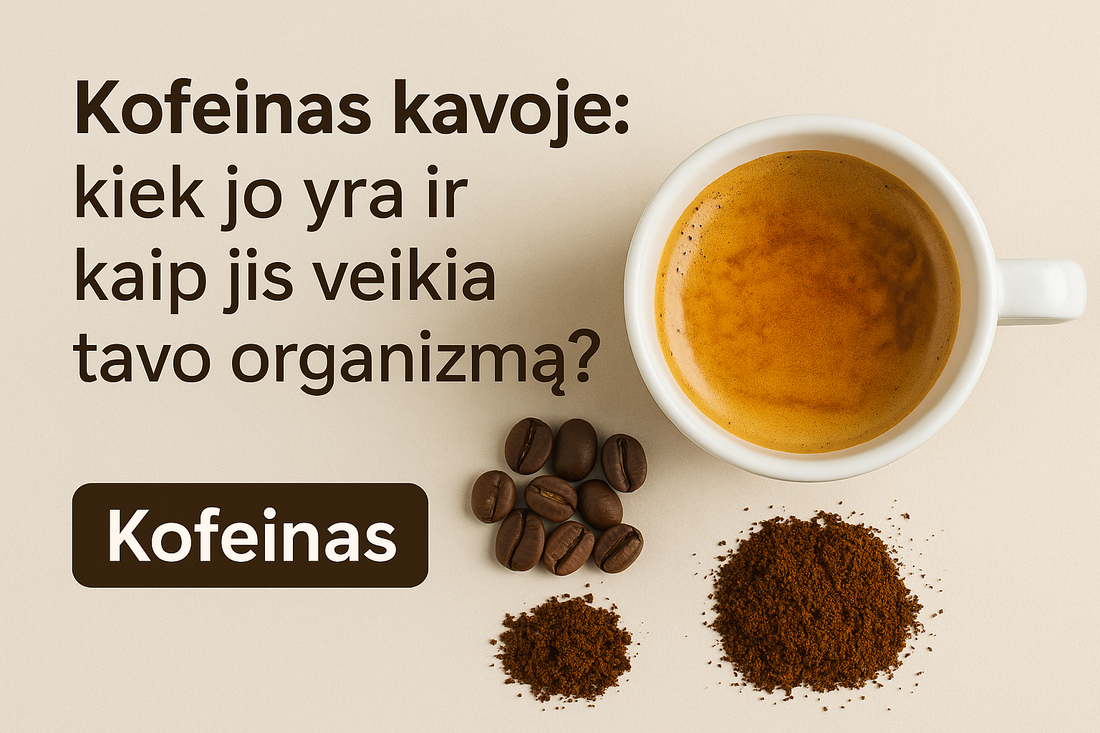 Kavos puodelis su espreso ir kremine puta, šalia kavos pupelės ir malta kava. Tekstas klausia: „Kofeinas kavoje: kiek jo yra ir kaip jis veikia tavo organizmą?“ – informacinis vizualas apie kofeino kiekį ir poveikį.