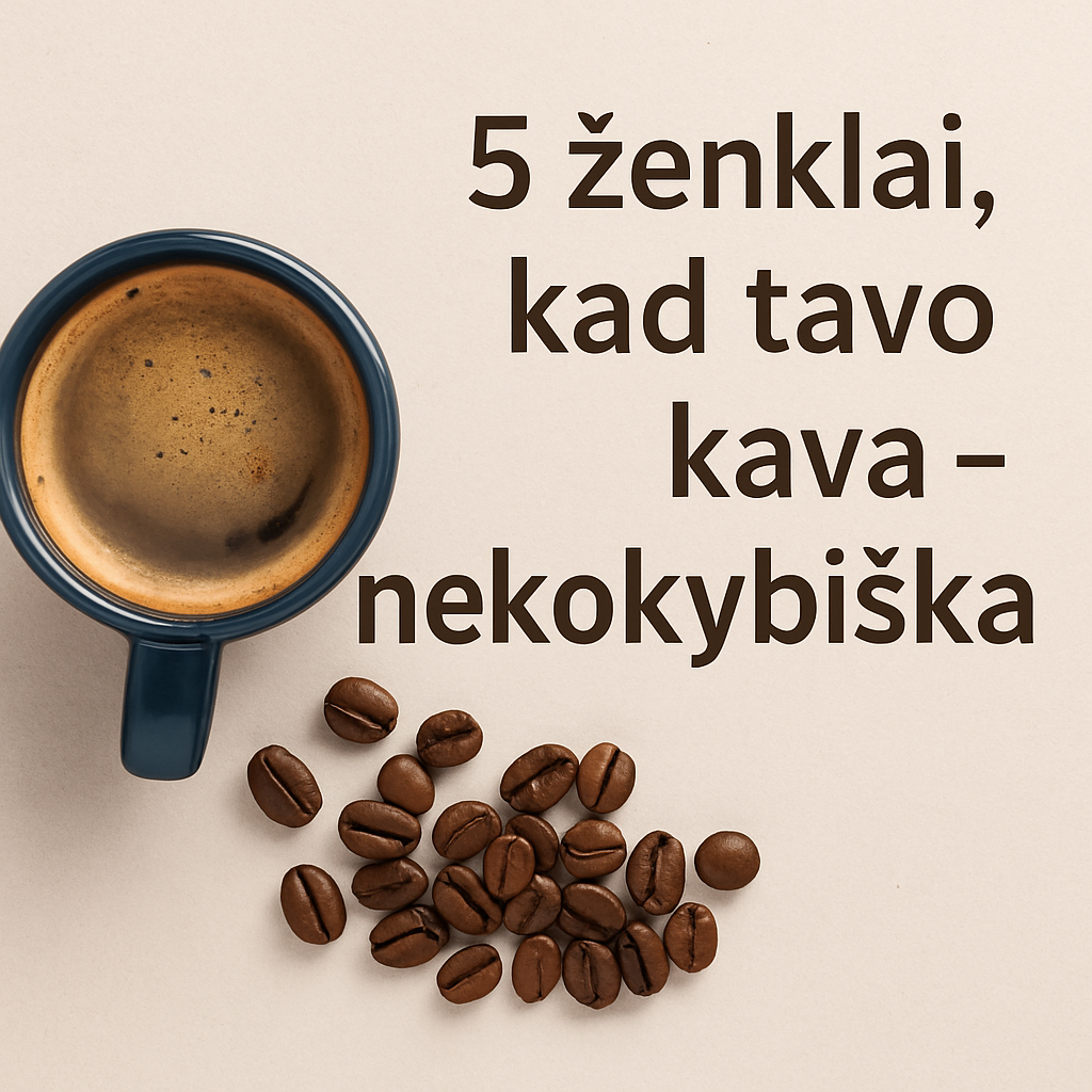 Patarimai, kaip atpažinti prastą kavą – vizualas su kava ir pupelėmis