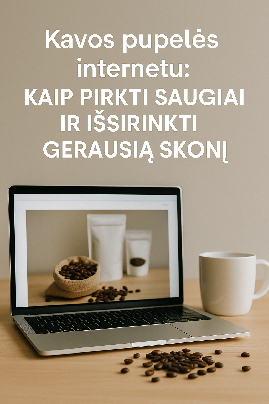Kaip išsirinkti kavos pupeles internetu – vizualas su laptopu, pupelėmis ir informaciniu tekstu