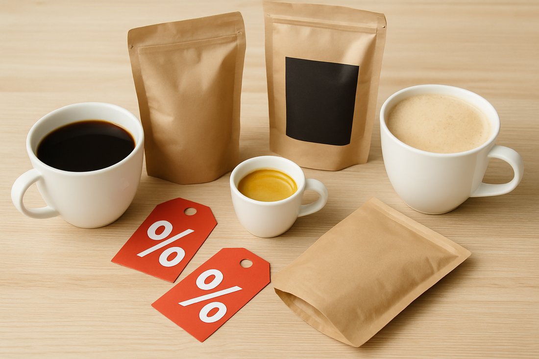 Trys kavos puodeliai ir keli kraftiniai kavos pakeliai ant stalo su raudonomis nuolaidų etiketėmis