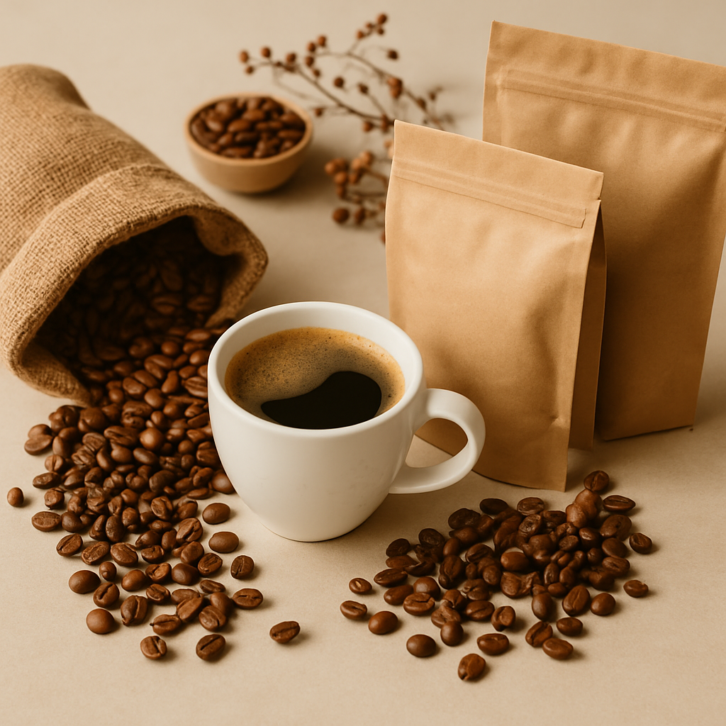 Baltas kavos puodelis, išsiliejusios kavos pupelės ir kraftiniai maišeliai ant stalo – rudeniška, šilta atmosfera.