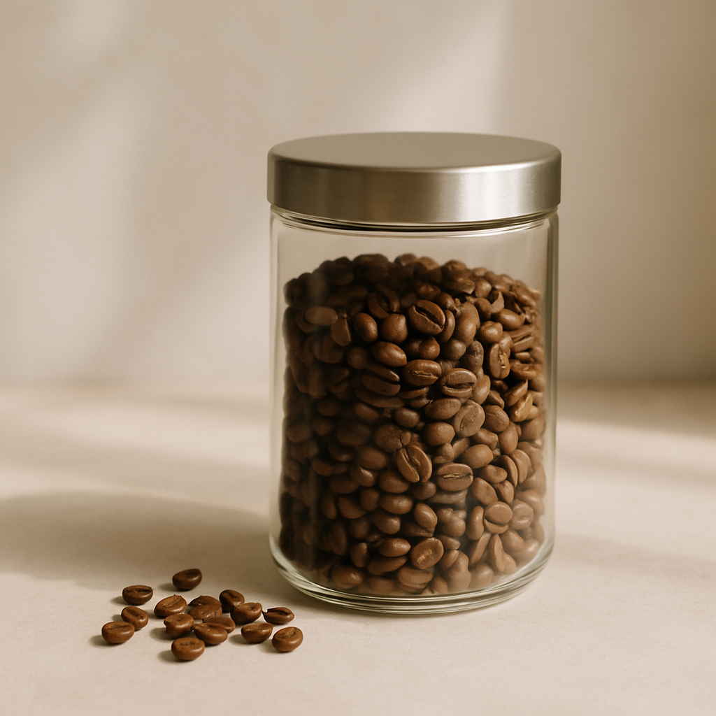 Sandarus kavos pupelių indas ant stalo, kavos pupelės laikomos šviežiai.