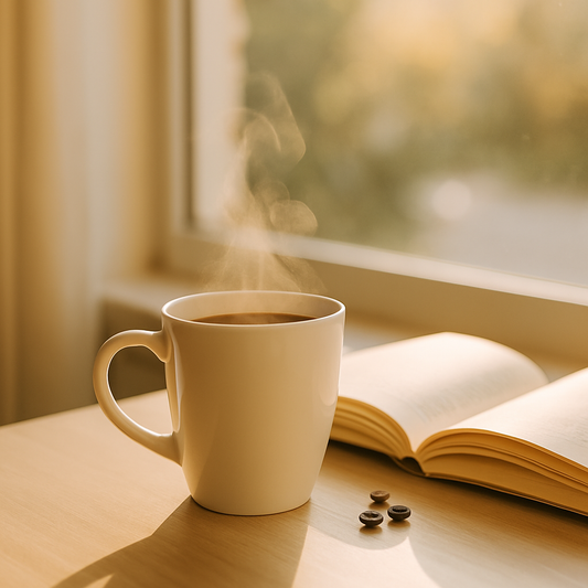 Garuojantis kavos puodelis prie lango šalia atverstos knygos ryto saulėje.