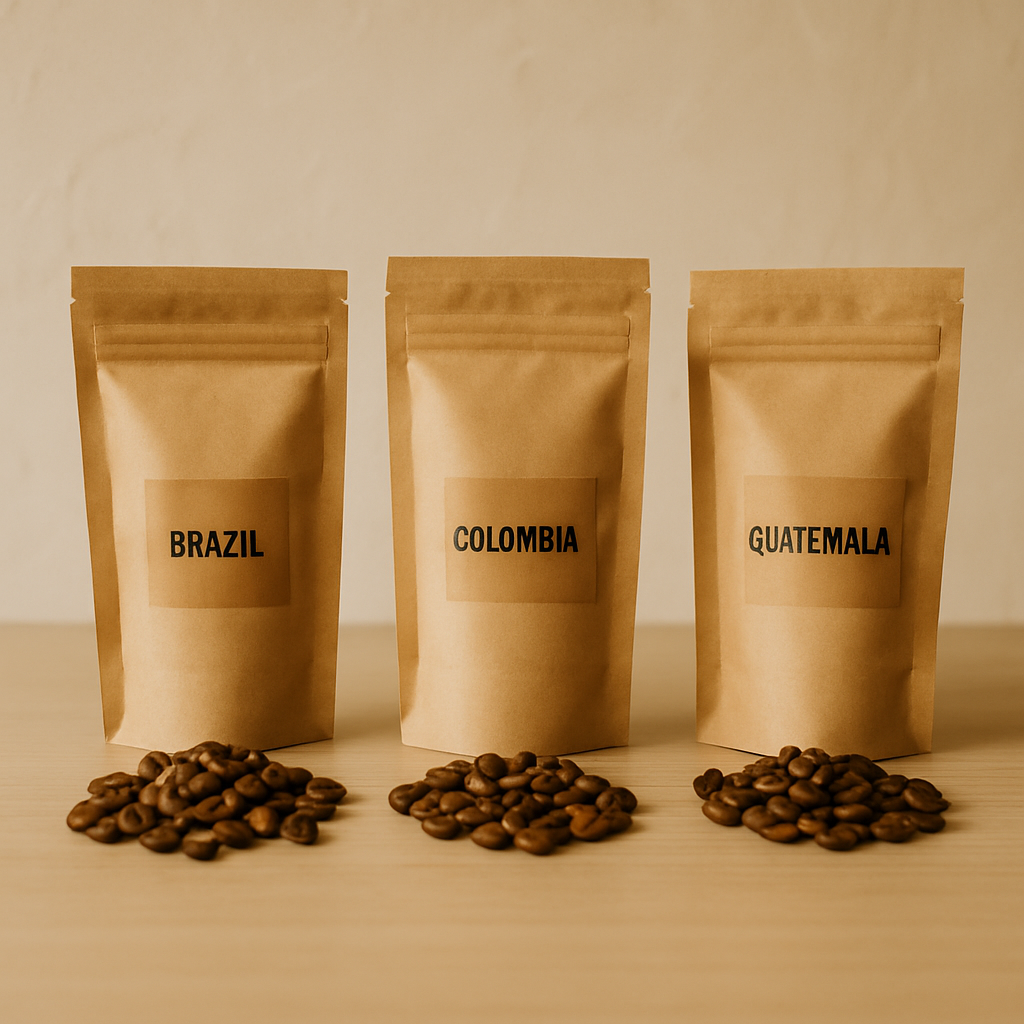 Trys kavos pakuotės iš Brazilijos, Kolumbijos ir Gvatemalos ant stalo su kavos pupelėmis.