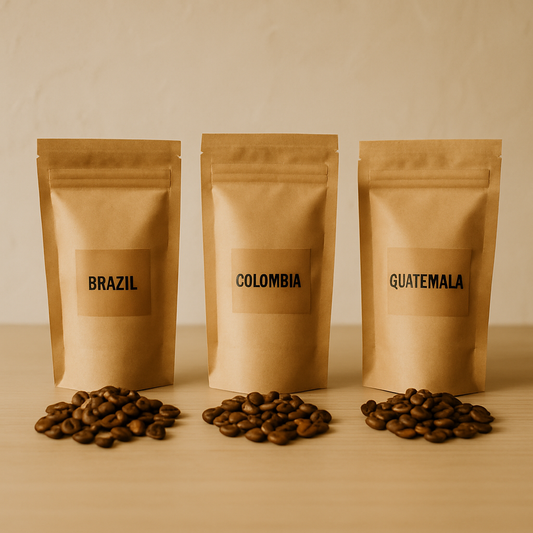 Trys kavos pakuotės iš Brazilijos, Kolumbijos ir Gvatemalos ant stalo su kavos pupelėmis.
