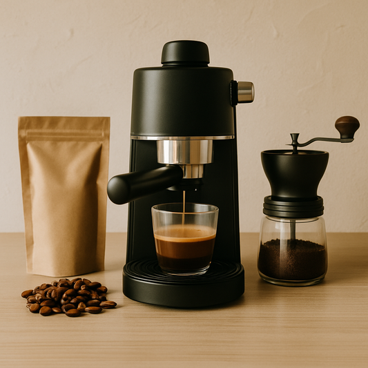 Espreso aparatas ant medinio stalviršio su kavos puodeliu ir kavos pupelėmis šalia.