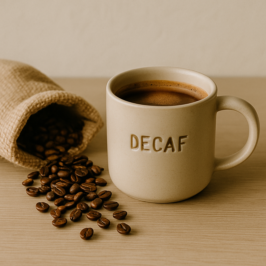 Šviesus puodelis su kava be kofeino ir išbyrėjusiomis kavos pupelėmis ant stalo.