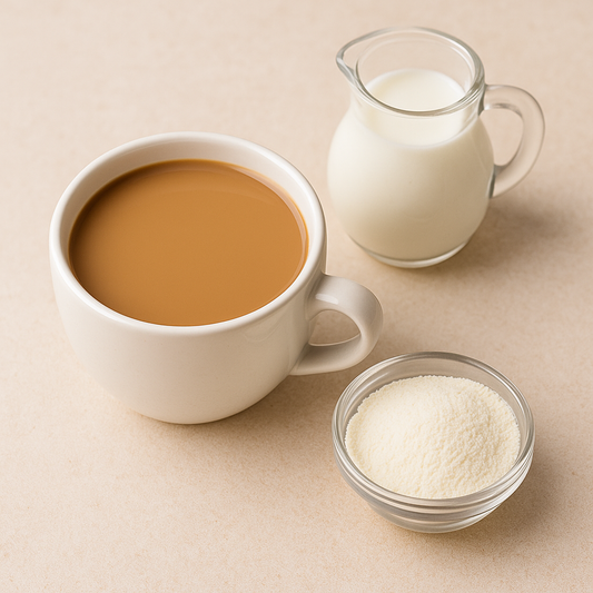 Balto keraminio puodelio kava su pienu, šalia stiklinis pieno ąsotėlis ir stiklinis indelis su Coffee Mate milteliais ant šviesaus fono – NUVO kava su pienu.
