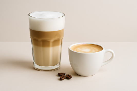 Stiklinis latte su trimis sluoksniais ir baltas keraminis cappuccino puodelis su puta, šalia keli kavos pupelių grūdeliai ant šviesaus fono – NUVO kava su pienu.