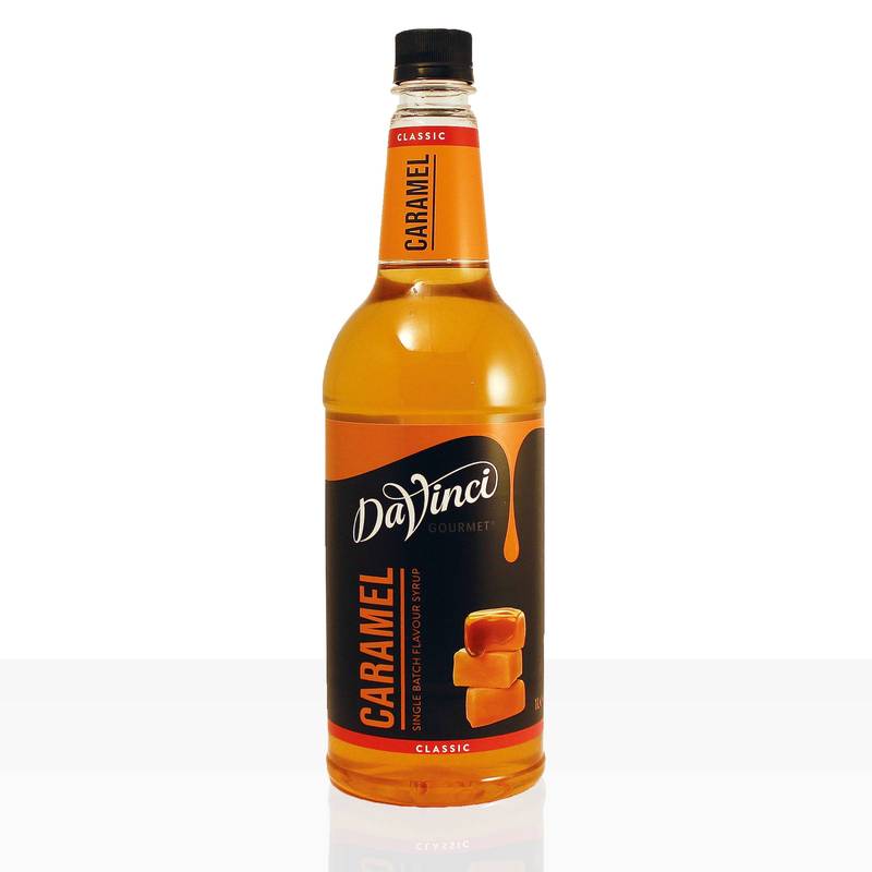 Bottle of DaVinci Caramel syrup on a white background