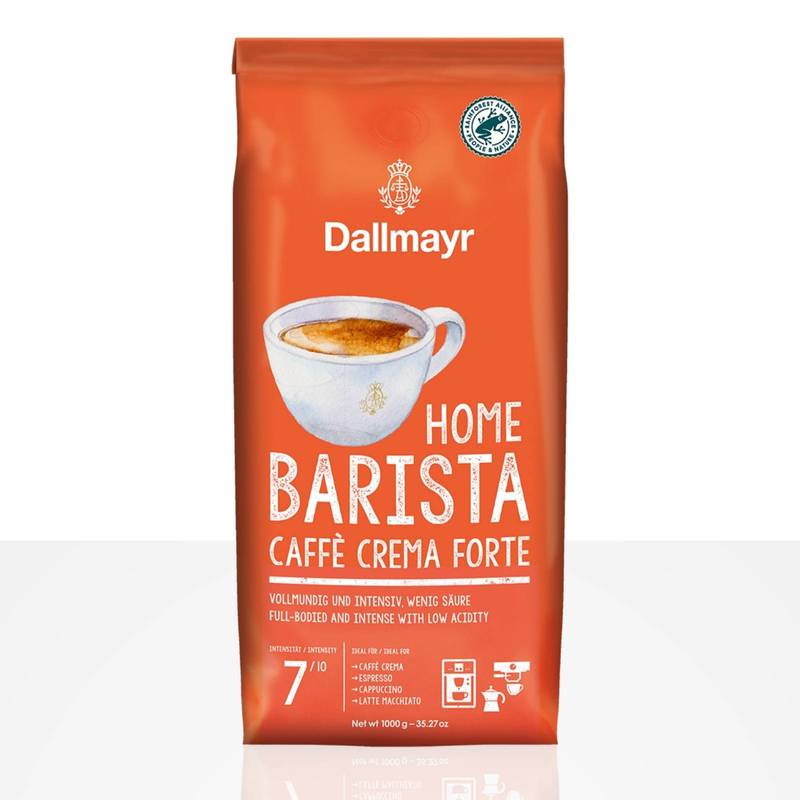 Dallmayr Home Barista Caffè Crema Forte coffee package on a white background