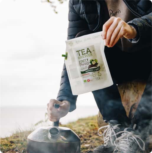 Lovely Liquorice herbal tea by TEA BREWER – eco-friendly infusion pouch used outdoors during camping trip