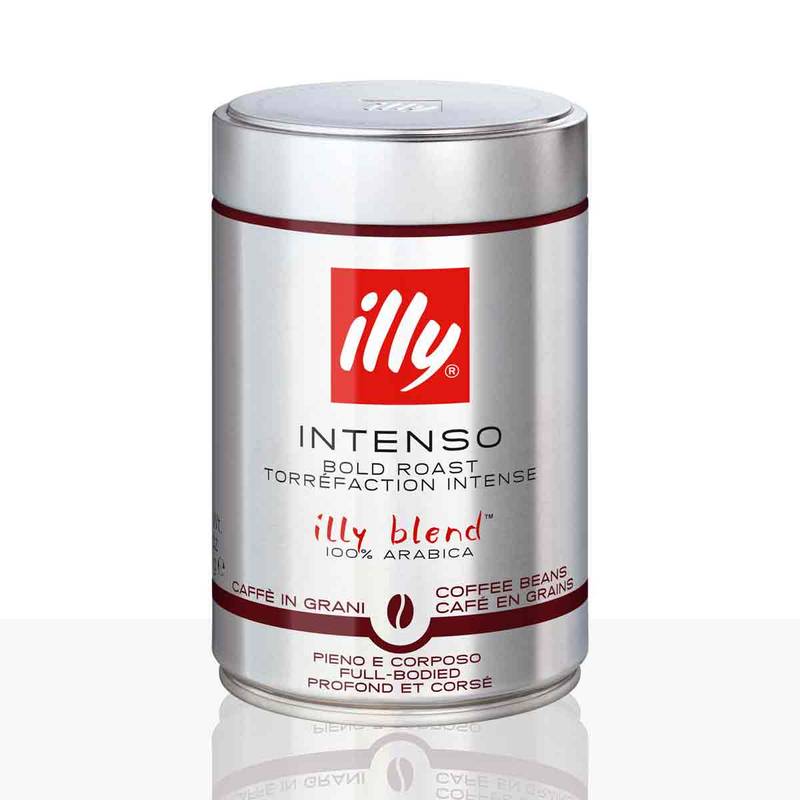 Silver can of illy Intenso coffee beans on a white background